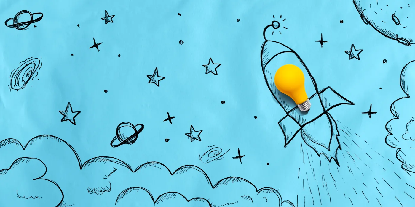 Idea,Light,Bulb,Rocket,Flying,To,The,Sky,-,Flat