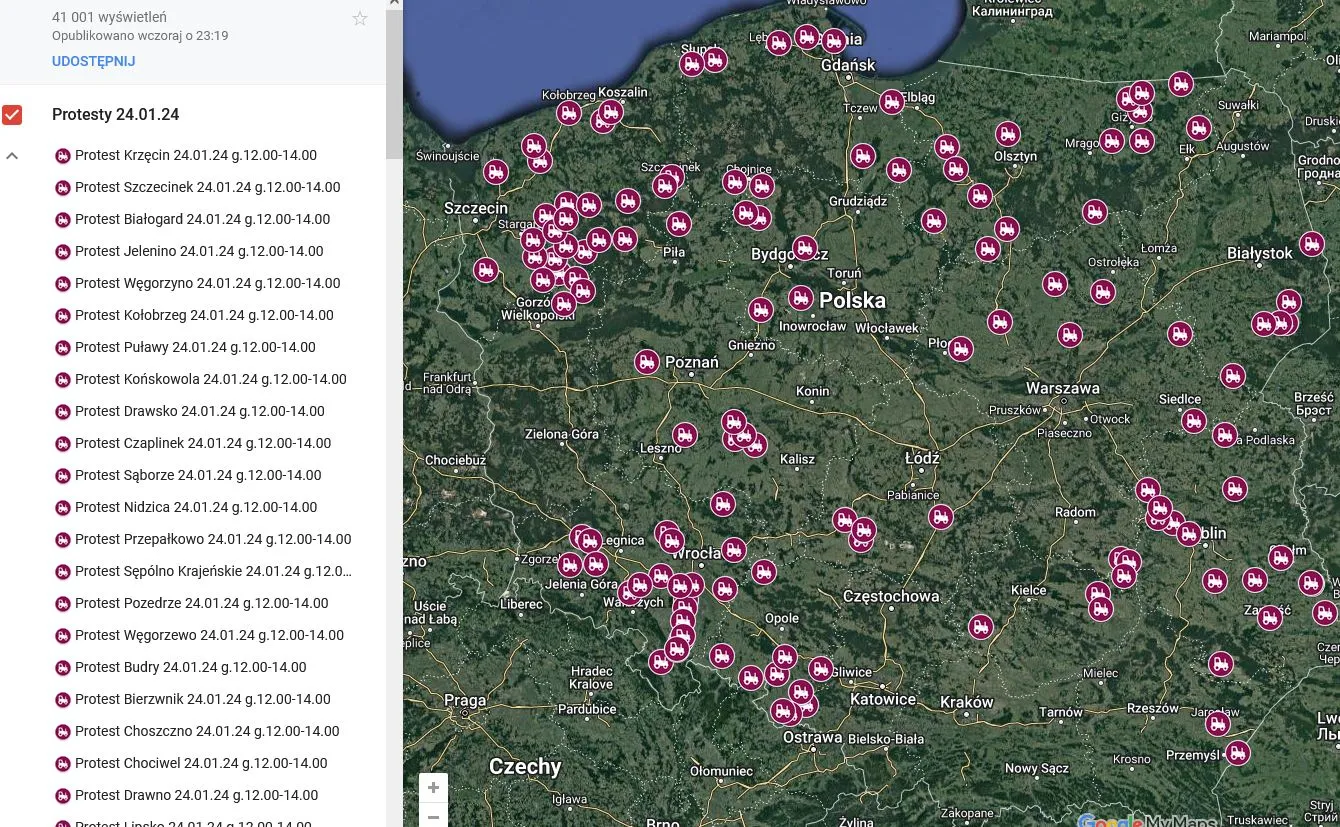 Paraliż dróg w całej Polsce. Protest rolników 24 stycznia, oto MAPA
