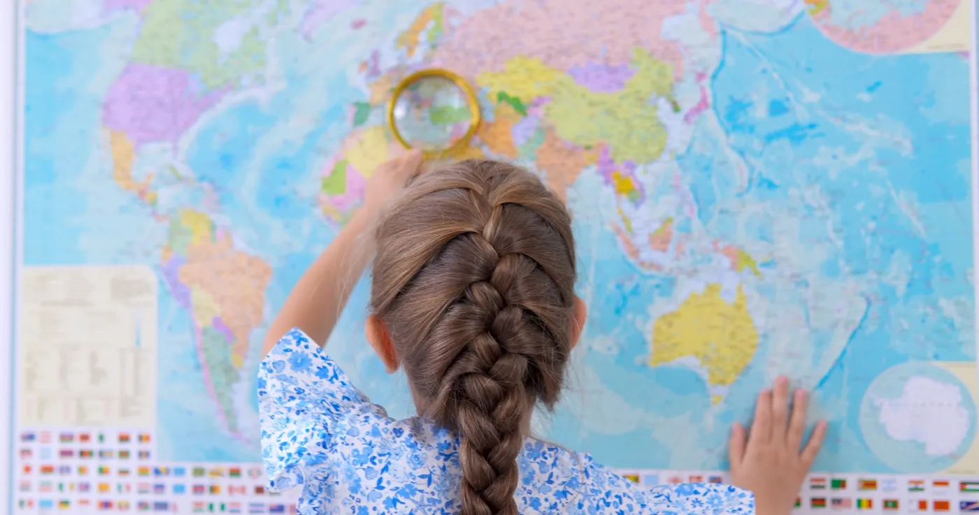 Little,Girl,In,Dress,Studying,Earth,Map,,Education,Knowledge,Learning