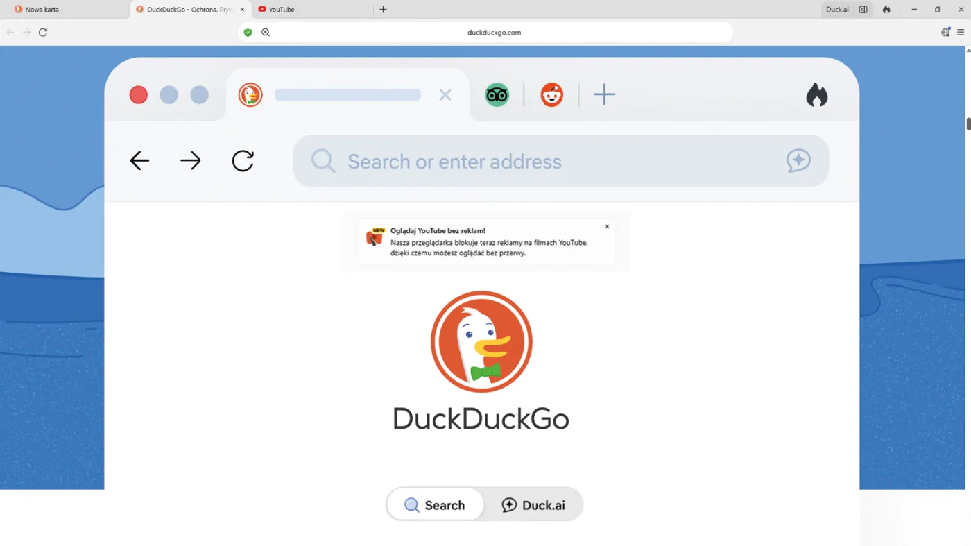 DuckDuckGo blokuje reklamy na YouTube. Działa bez wtyczek, ale jest jeden warunek