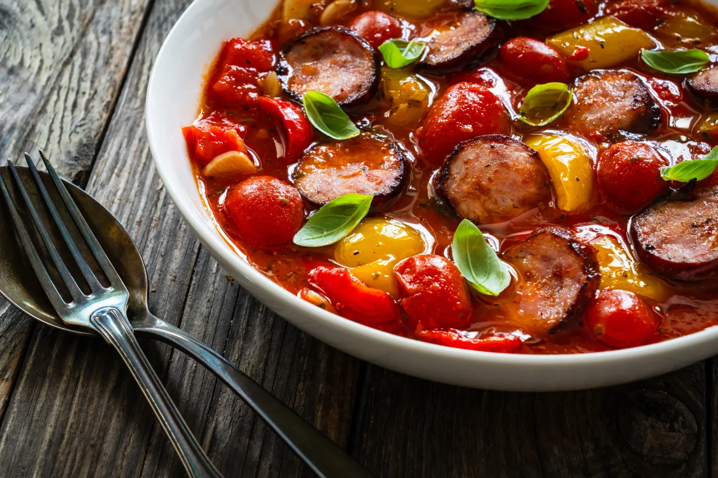 Leczo z kiełbasą to pyszne danie obiadowe 