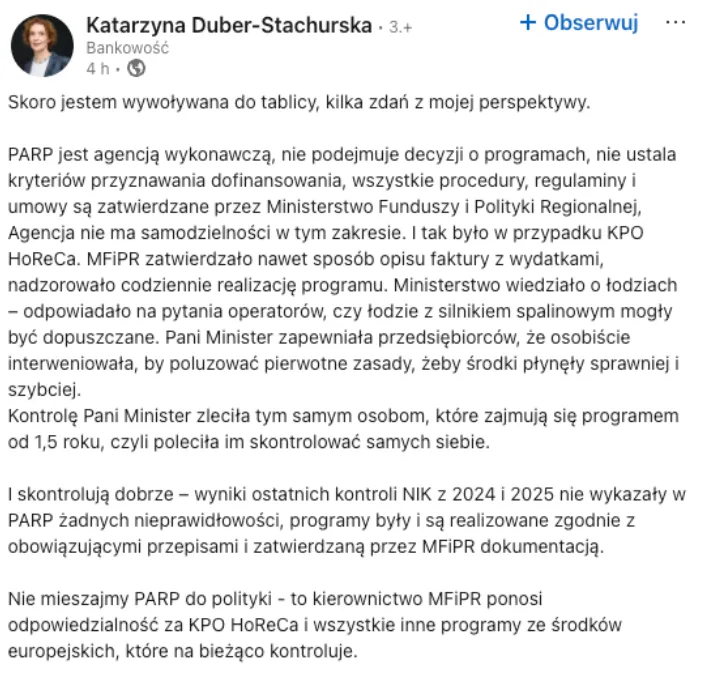 Była szefowa PARP wskazuje na odpowiedzialność kierownictwa resortu funduszy za KPO