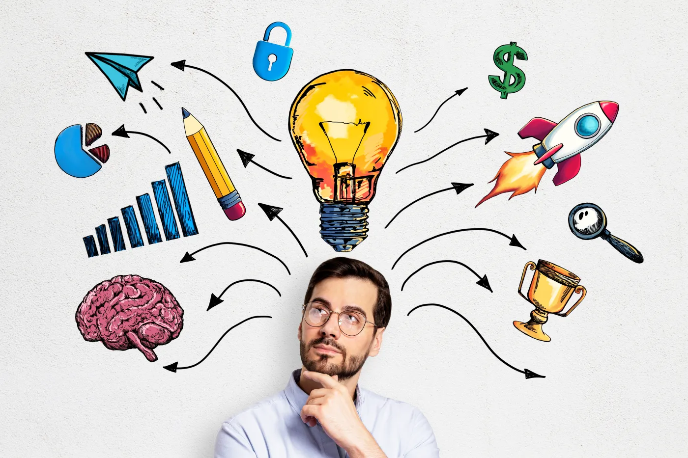 Man,Thinking,With,Creative,Business,Concept,Symbols,Like,Lightbulb,,Rocket,