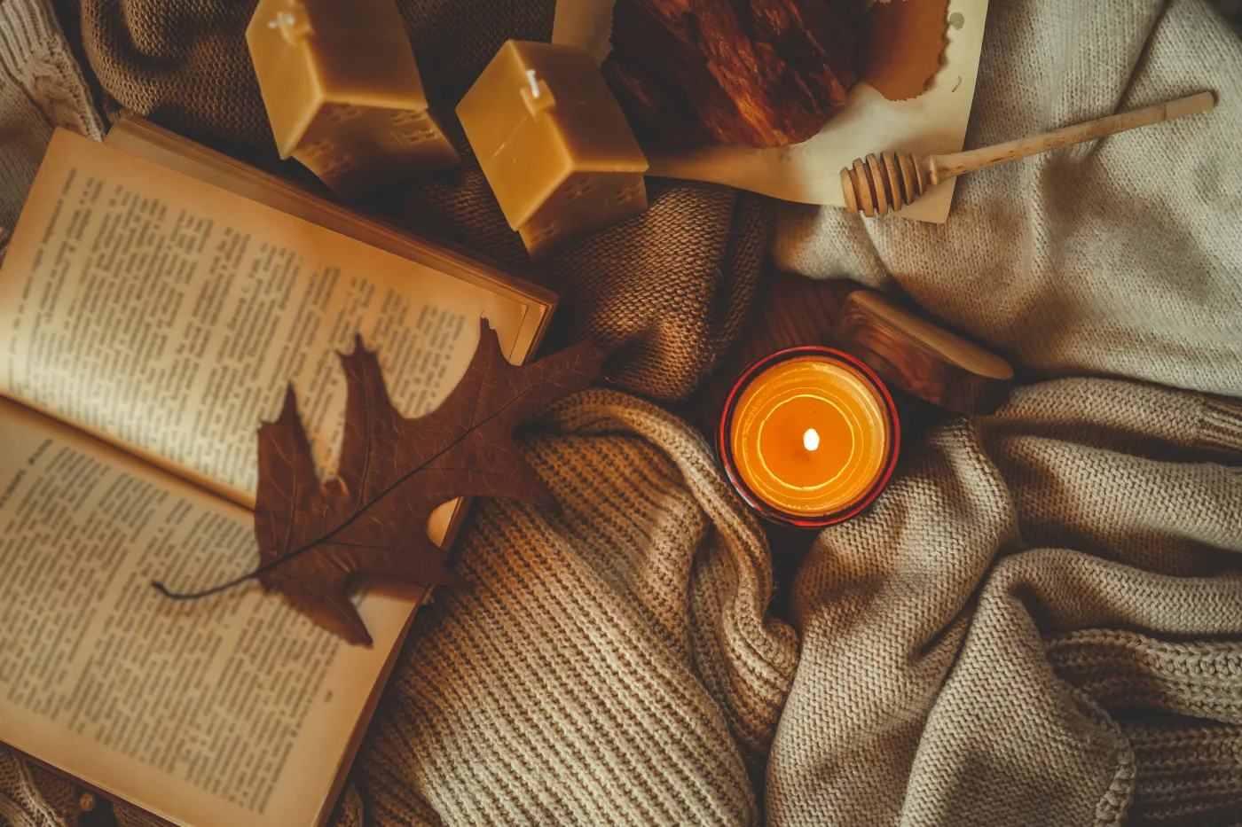 Cozy,Autumn,Flatlay,With,An,Open,Vintage,Book,,Beeswax,House