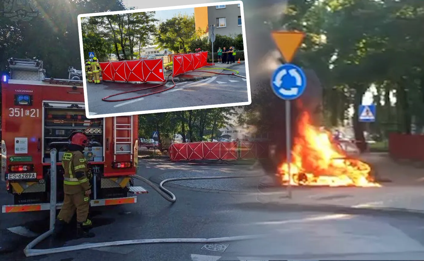 Pożar samochodu elektrycznego w Skierniewicach. Kierowca był w środku