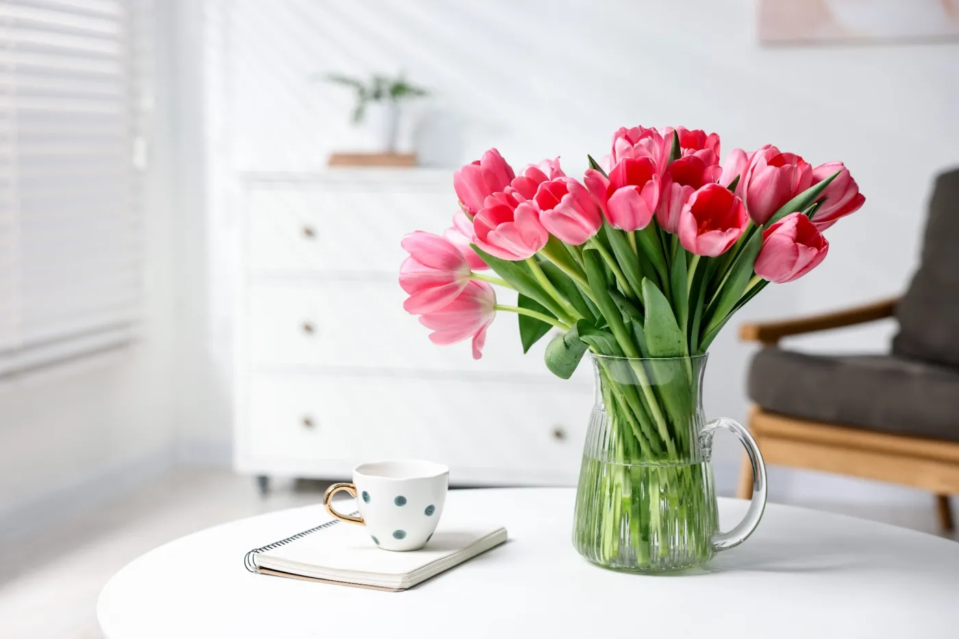 Bouquet,Of,Pink,Tulips,In,Vase,,Notepad,And,Cup,On