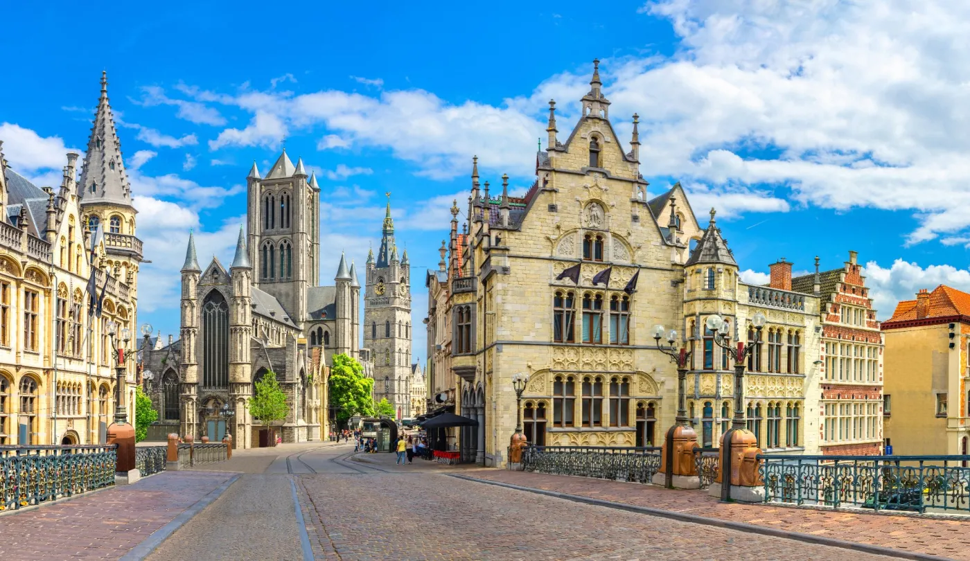 Panoramic,View,Of,Ghent,Landmarks,In,Historical,City,Center,,Saint