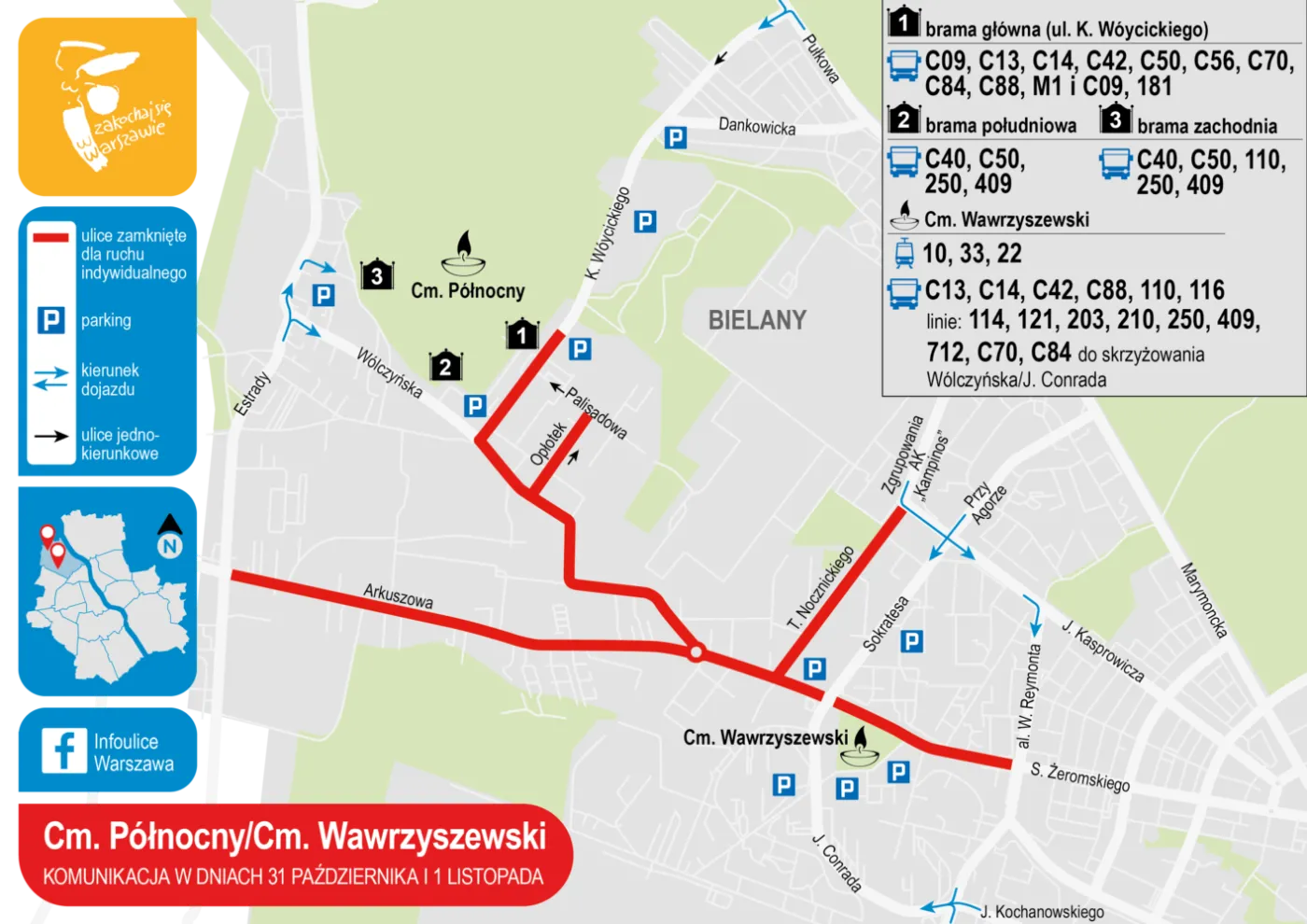 Cmentarz Północny i Cmentarz Wawrzyszewski – organizacja ruchu 31 października i 1 listopada: