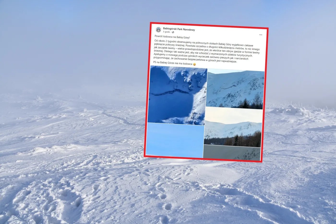 Na Babiej Górze powstała szczelina. "Może zejść lawina"