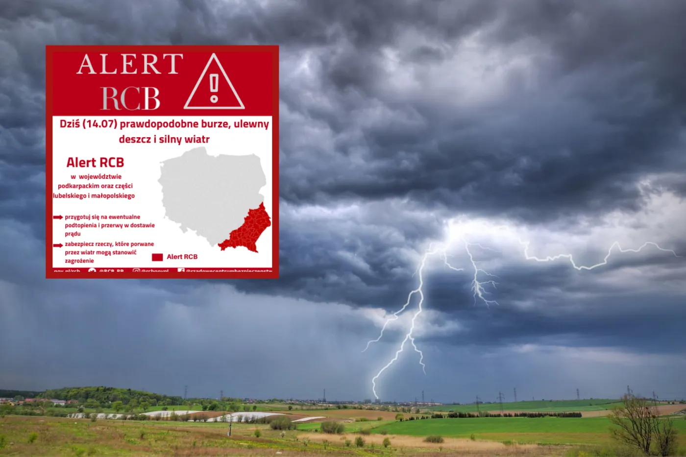 Alert RCB dla 3 województw. Burze, grad, ulewy i silny wiatr