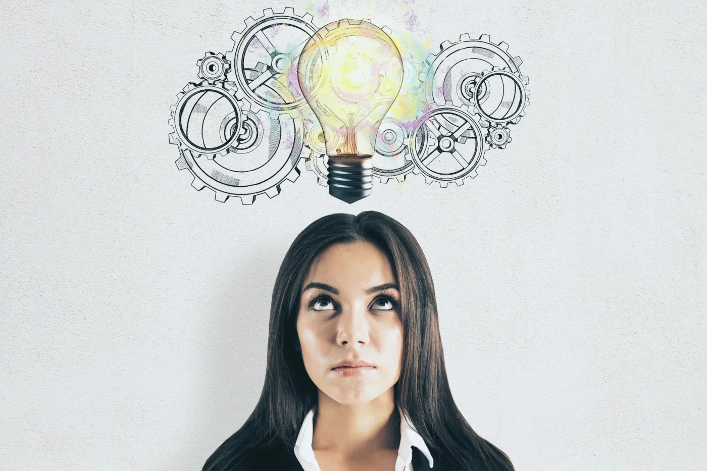 Businesswoman,Thinking.,Light,Bulb,With,Gears,Over,Head.,Success,And