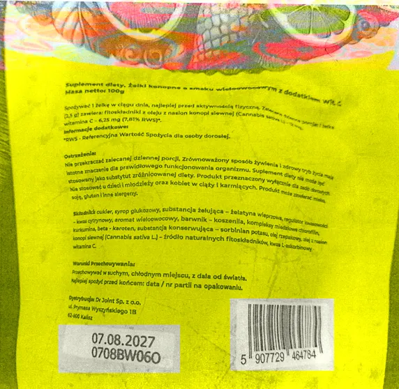 BRAIN WASH – żelki konopne o smaku wieloowocowym z dodatkiem witaminy C, 100 g, Numer partii: 0708BW06O