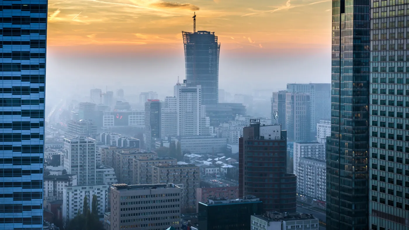 Warszawa Złota 44 panorama zachód słońca smog zanieczyszczenie powietrza