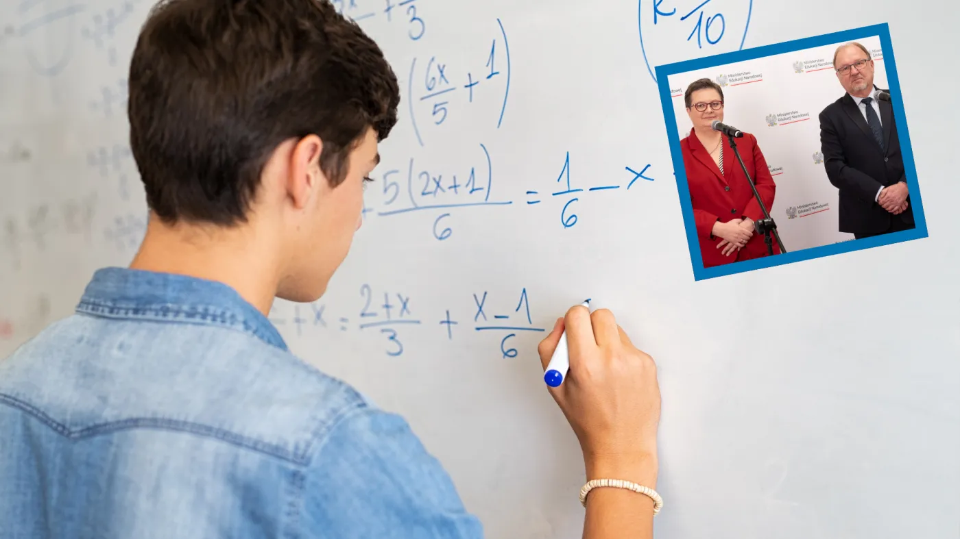 Uczeń pisze na tablicy; Katarzyna Lubnauer i Krzysztof Zaremba