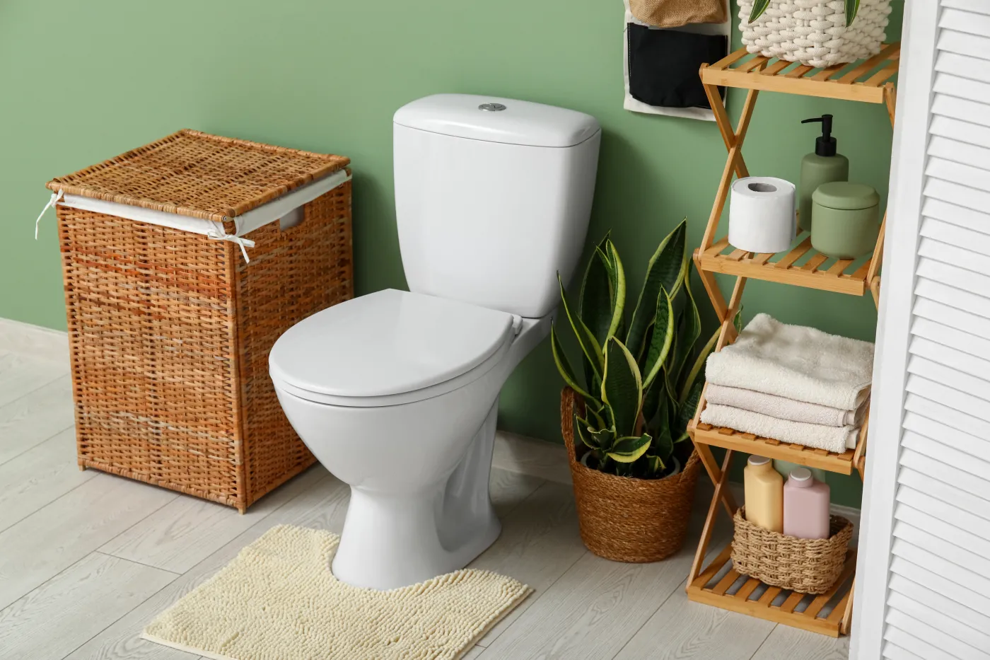 Interior,Of,Restroom,With,Toilet,Bowl,,Shelving,Unit,,Laundry,Basket