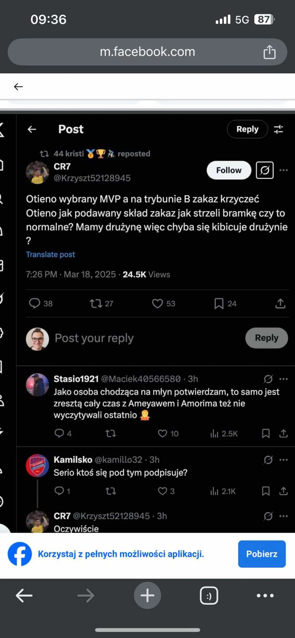 Wpisy kibiców Rakowa Częstochowa w mediach społecznościowych