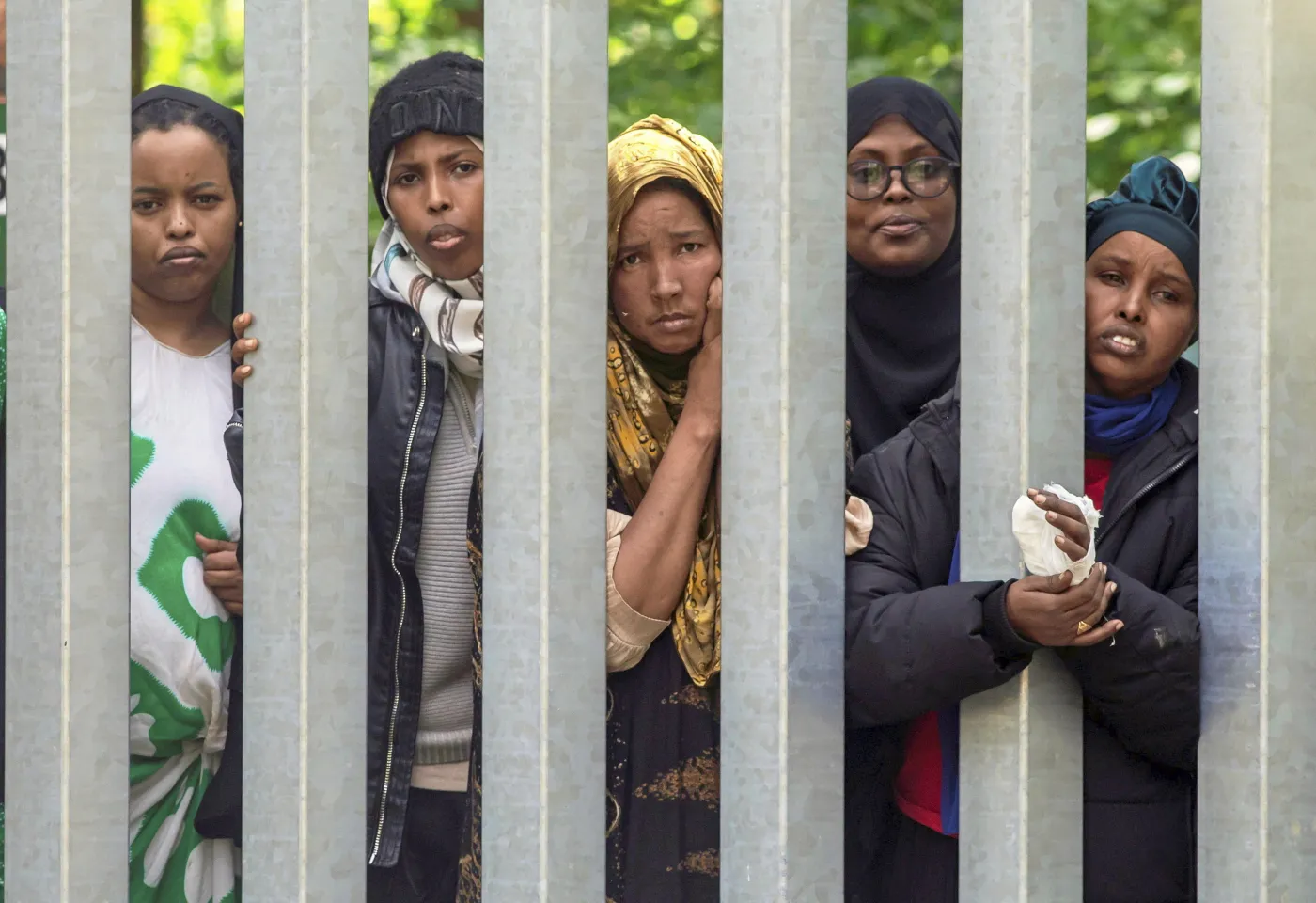 Migranci przy metalowej zaporze na polsko - białoruskiej granicy