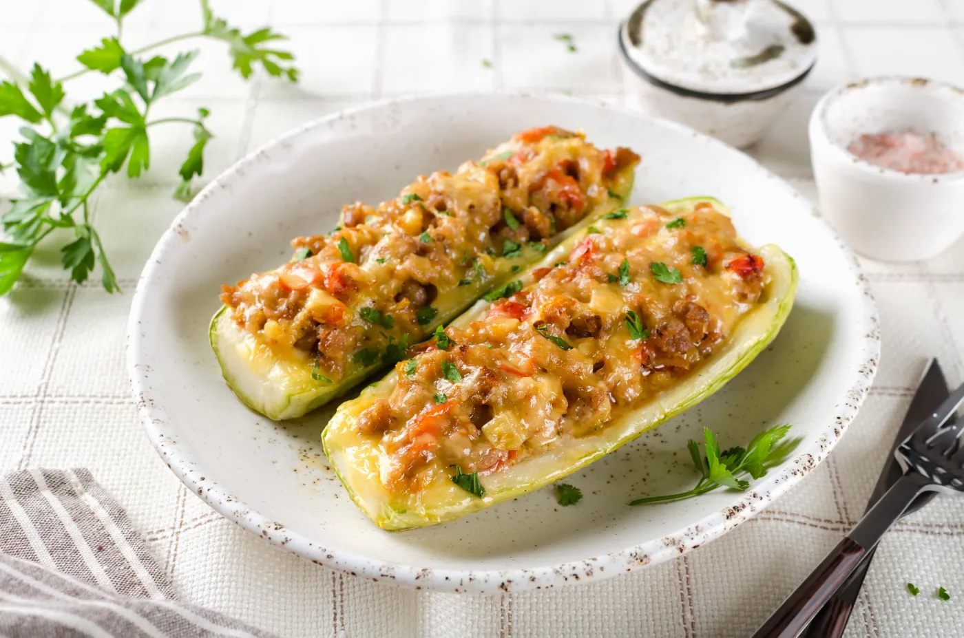 Zucchini,Stuffed,With,Minced,Meat,And,Tomatoes,And,Cheese.,Baked