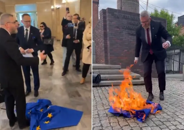 Grzegorz Braun spalił flagę Unii Europejskiej. Skandaliczne sceny [WIDEO]