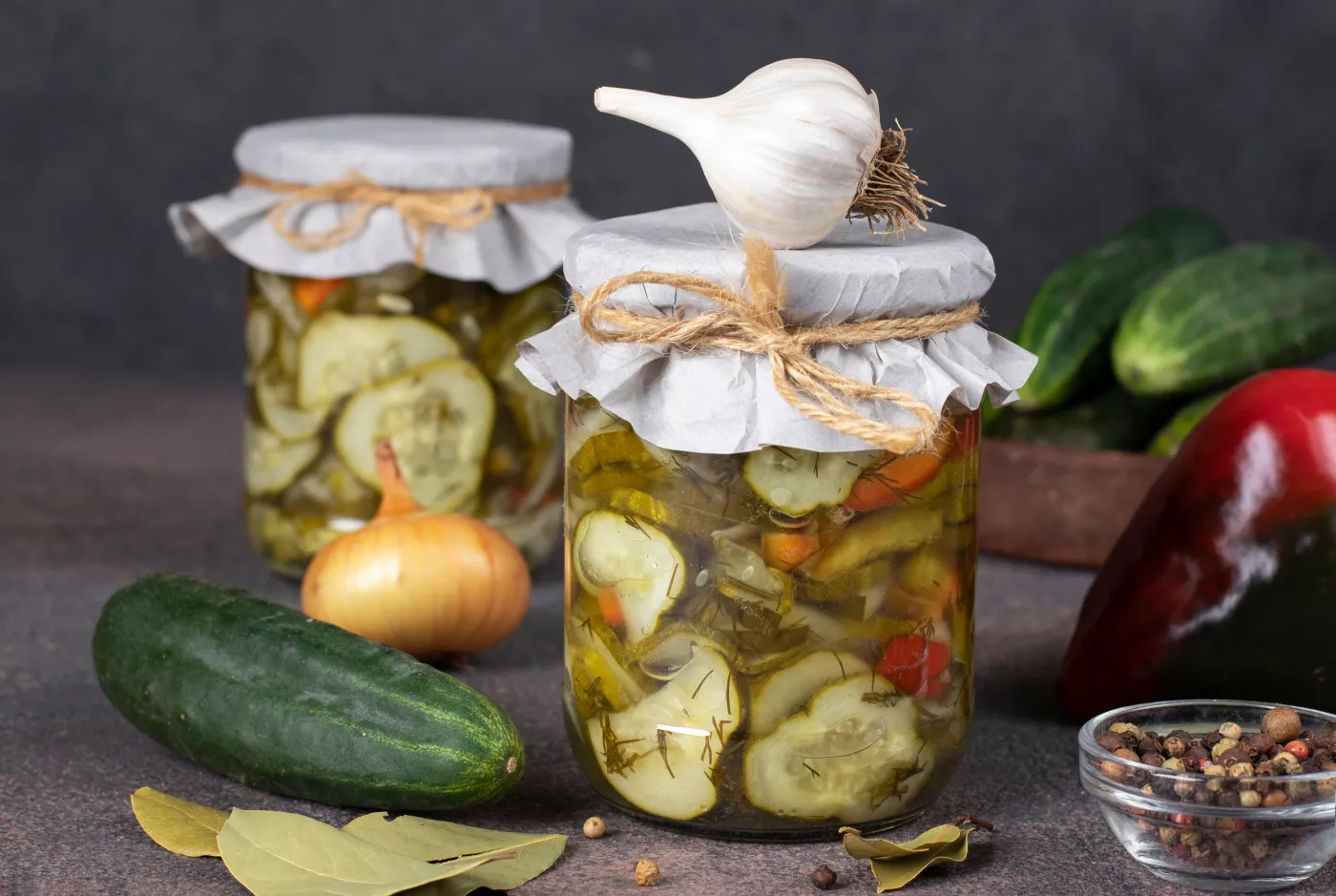 Pickled,Cucumbers,Salad,With,Sweet,Peppers,And,Onions,In,Two
