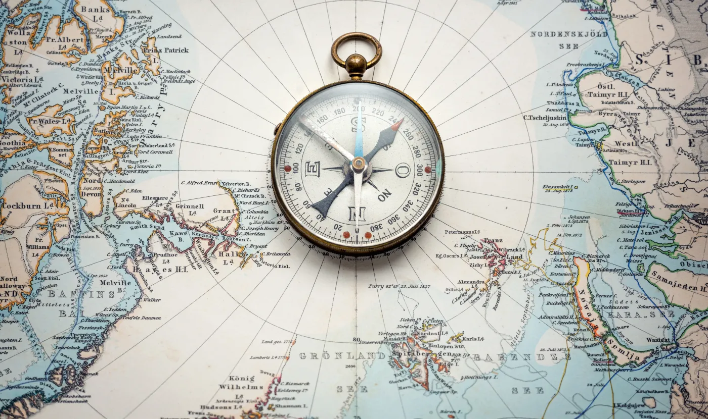 Magnetic,Old,Compass,On,Old,Nord,Pole,Map.,Travel,,Geography,