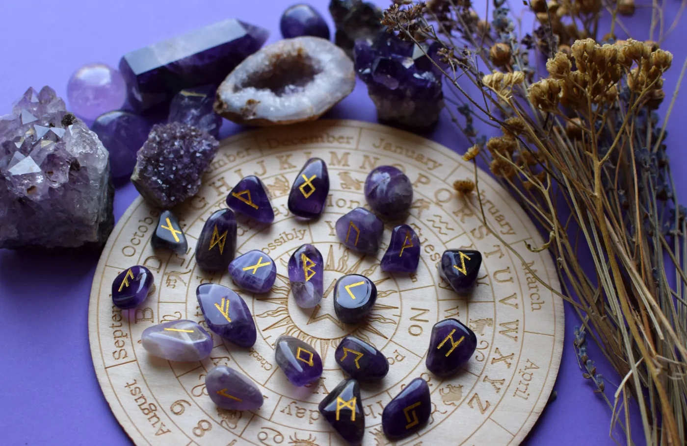Amethyst,Crystals,,Scandinavian,Runes,And,Dry,Herbs,On,A,Purple