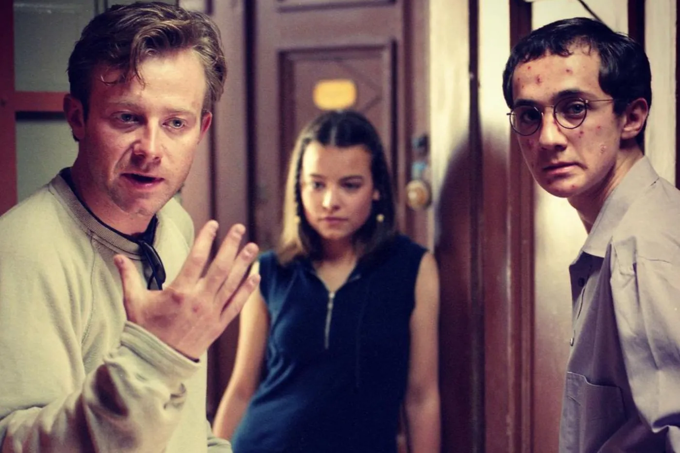 Olaf Lubaszenko, Anna Mucha i Wojciech Klata na planie filmu "Chłopaki nie płaczą"