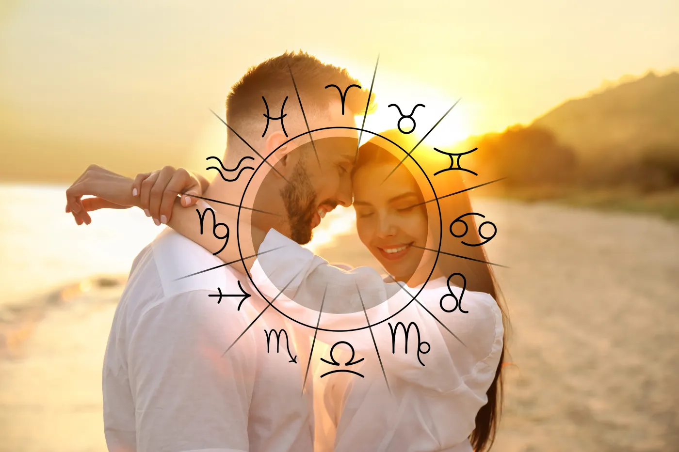 Horoscope,Compatibility.,Loving,Couple,On,Beach,At,Sunset,And,Zodiac
