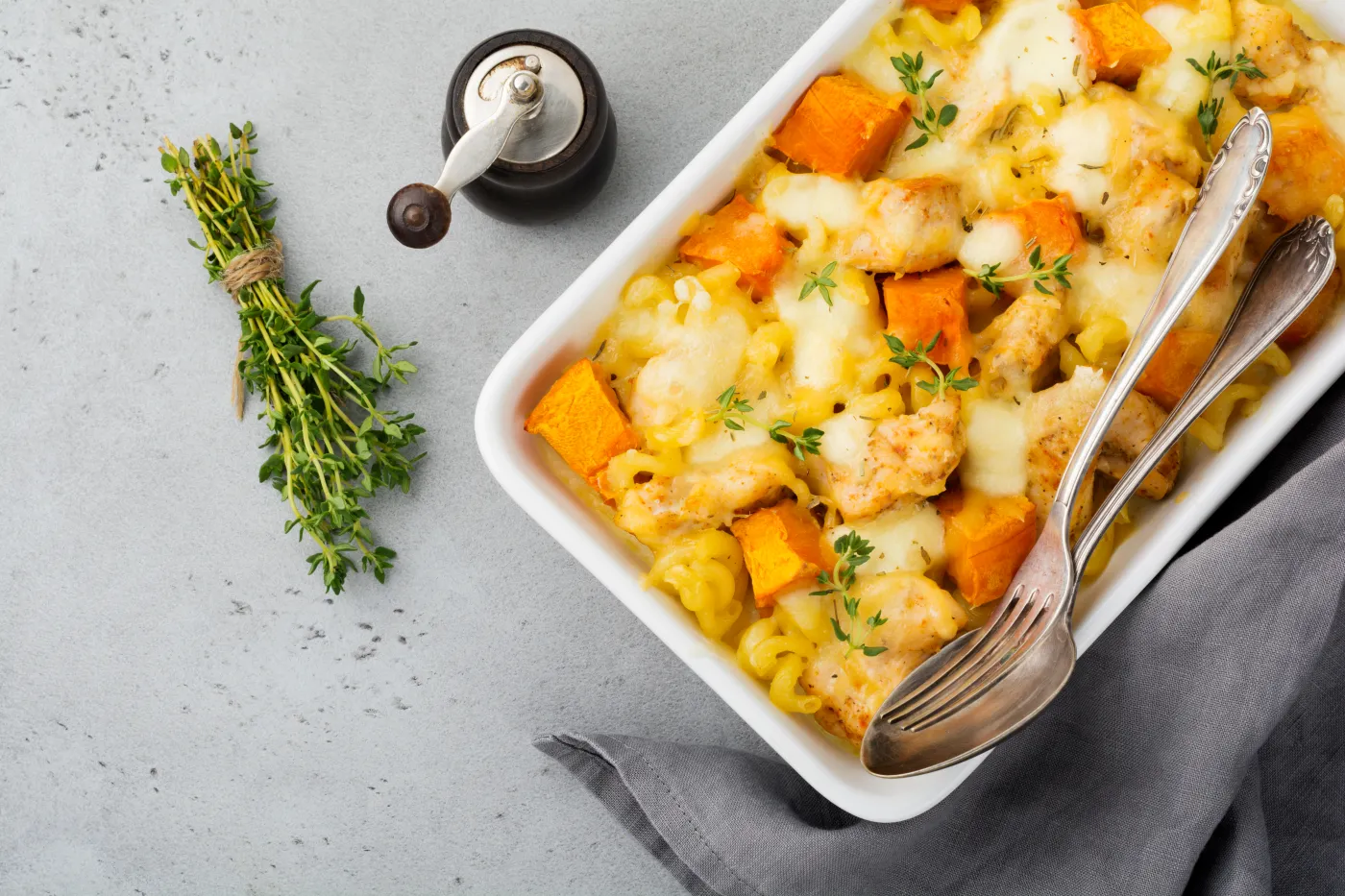 Casserole,From,Chicken,Meat,,Pumpkin,,Pasta,,thyme,,Cheese,And,Bă©chamel