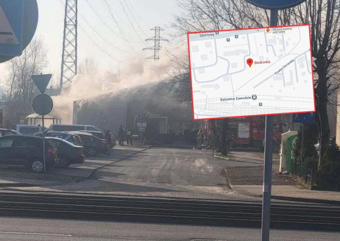 Potężny pożar w Katowicach. Płonie sklep Biedronka, w akcji 12 zastępów straży pożarnej