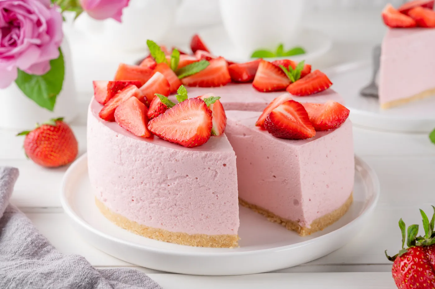No,Bake,Cheesecake,With,Fresh,Strawberries,On,A,White,Wooden