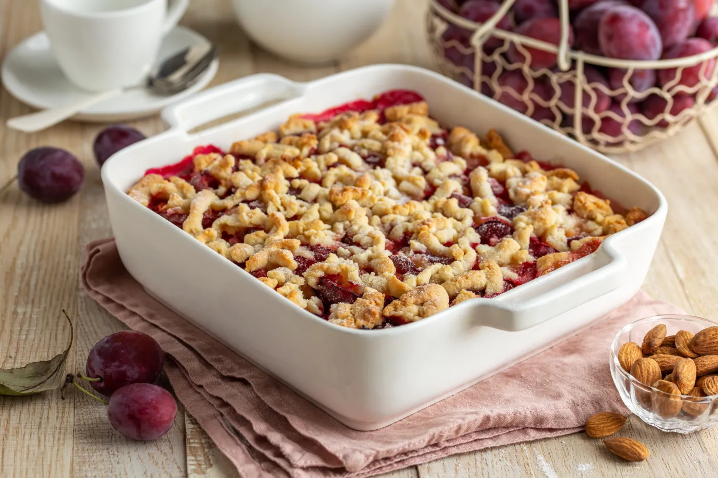 Plum,Streusel,Cake,In,White,Baking,Dish,,Selective,Focus