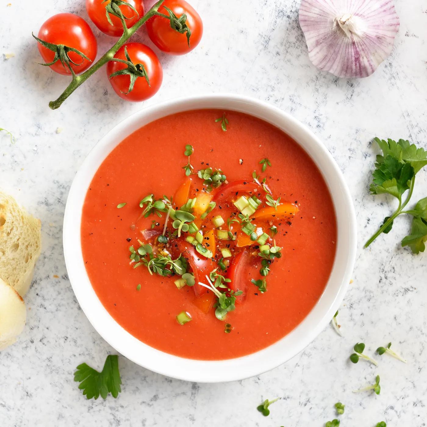 Homemade,Gazpacho,Soup,In,Bowl,Over,Light,Stone,Background.,Cold