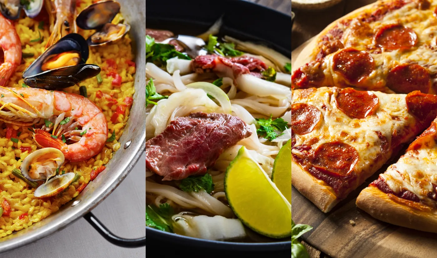 paella, zupa pho, pizza, kuchnie świata