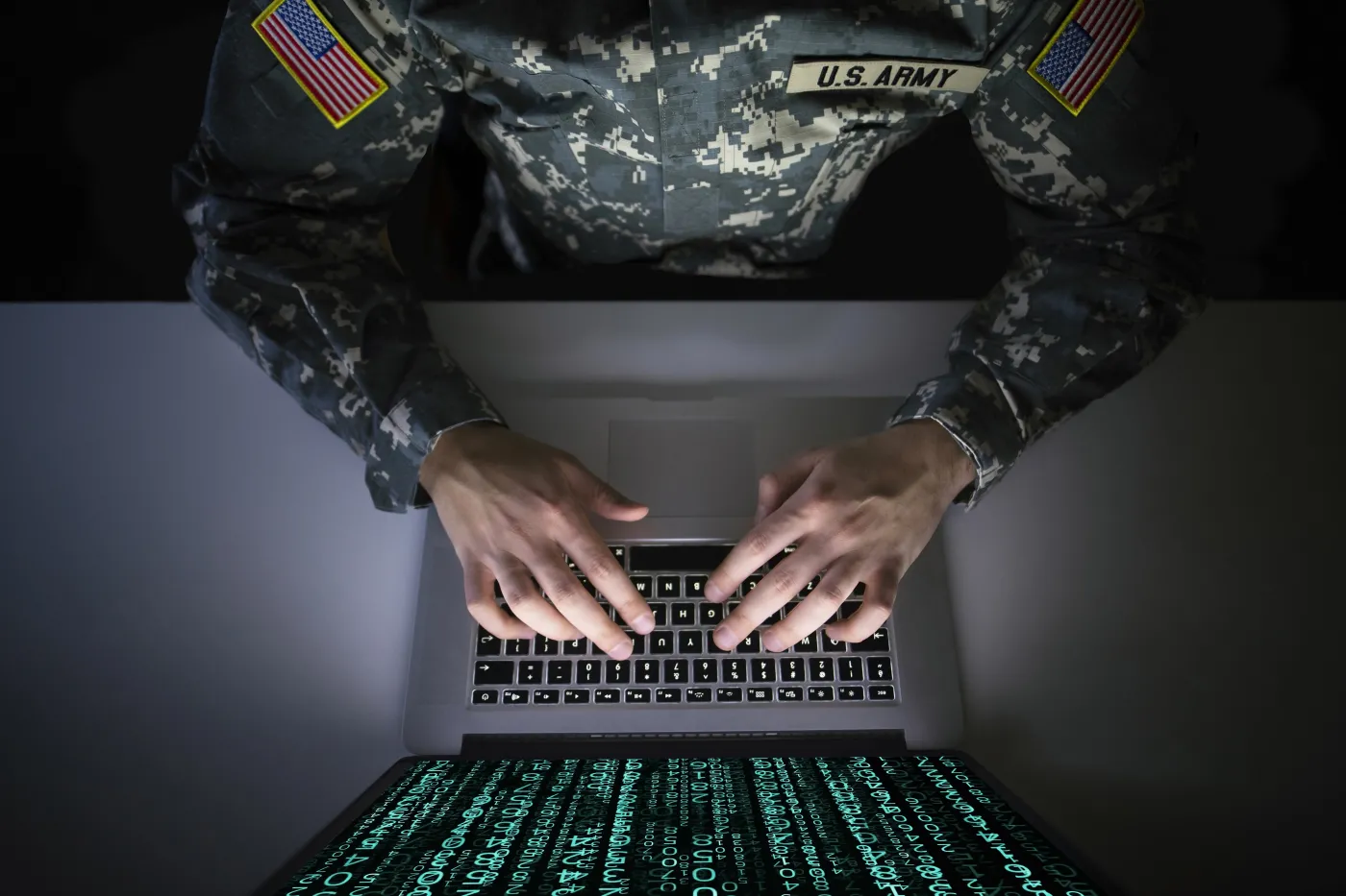 American soldier in military uniform preventing cyber attack in military intelligence center.