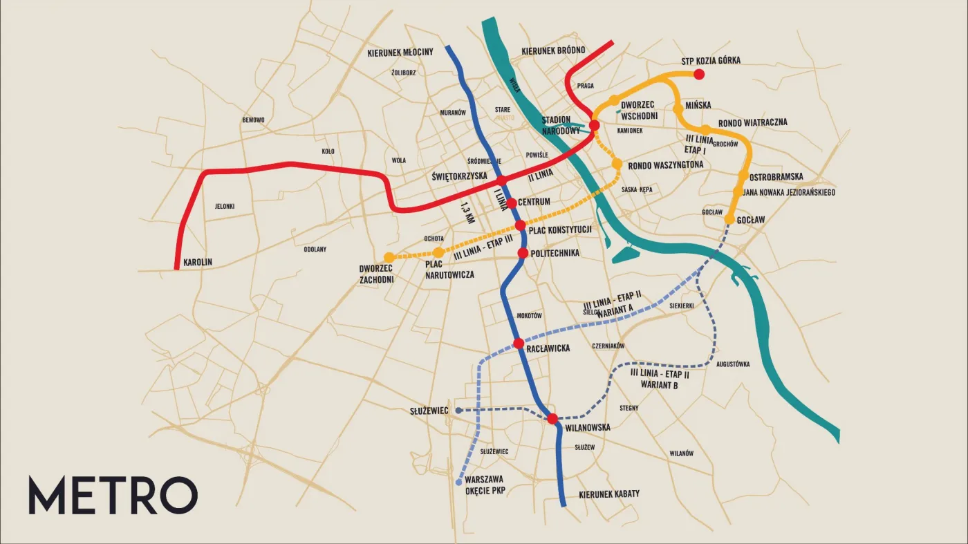 Trasa trzeciej linii metra - źródło UM Warszawa.