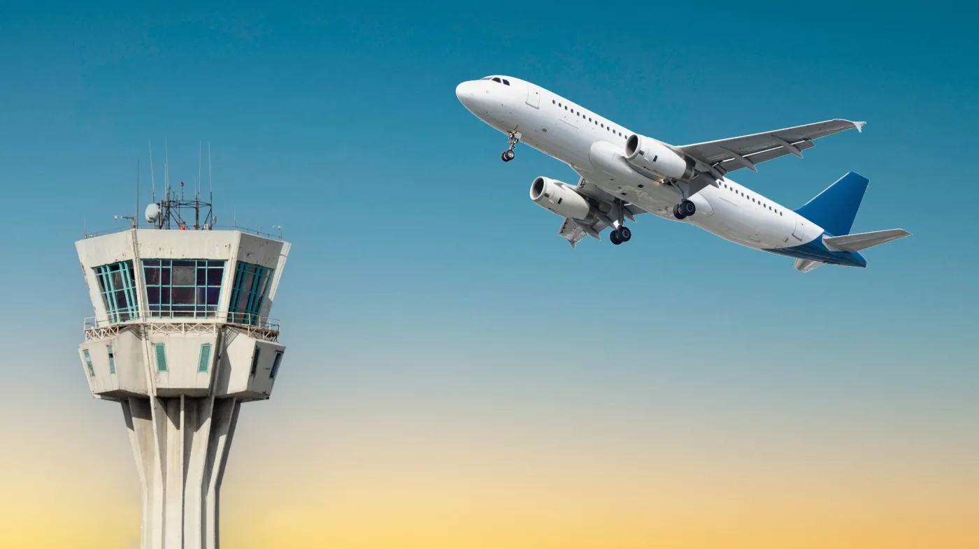 Air,Control,Tower,And,Airplane,On,Sunset,Sky,Background.,Istanbul