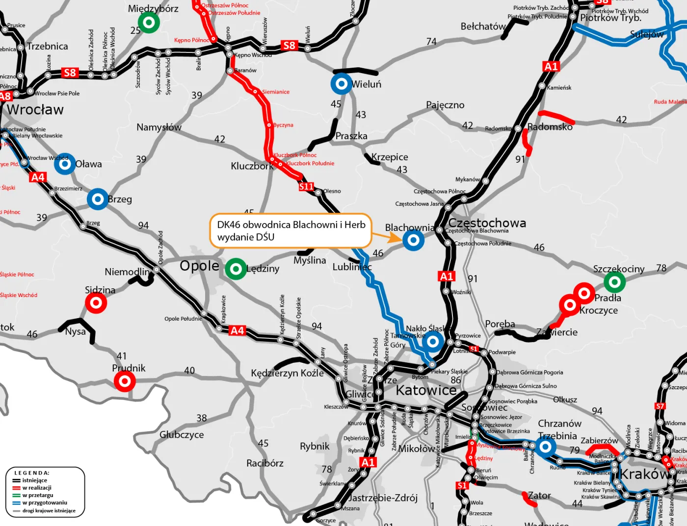 Aktualna mapa stanu budowy dróg w woj. śląskim.