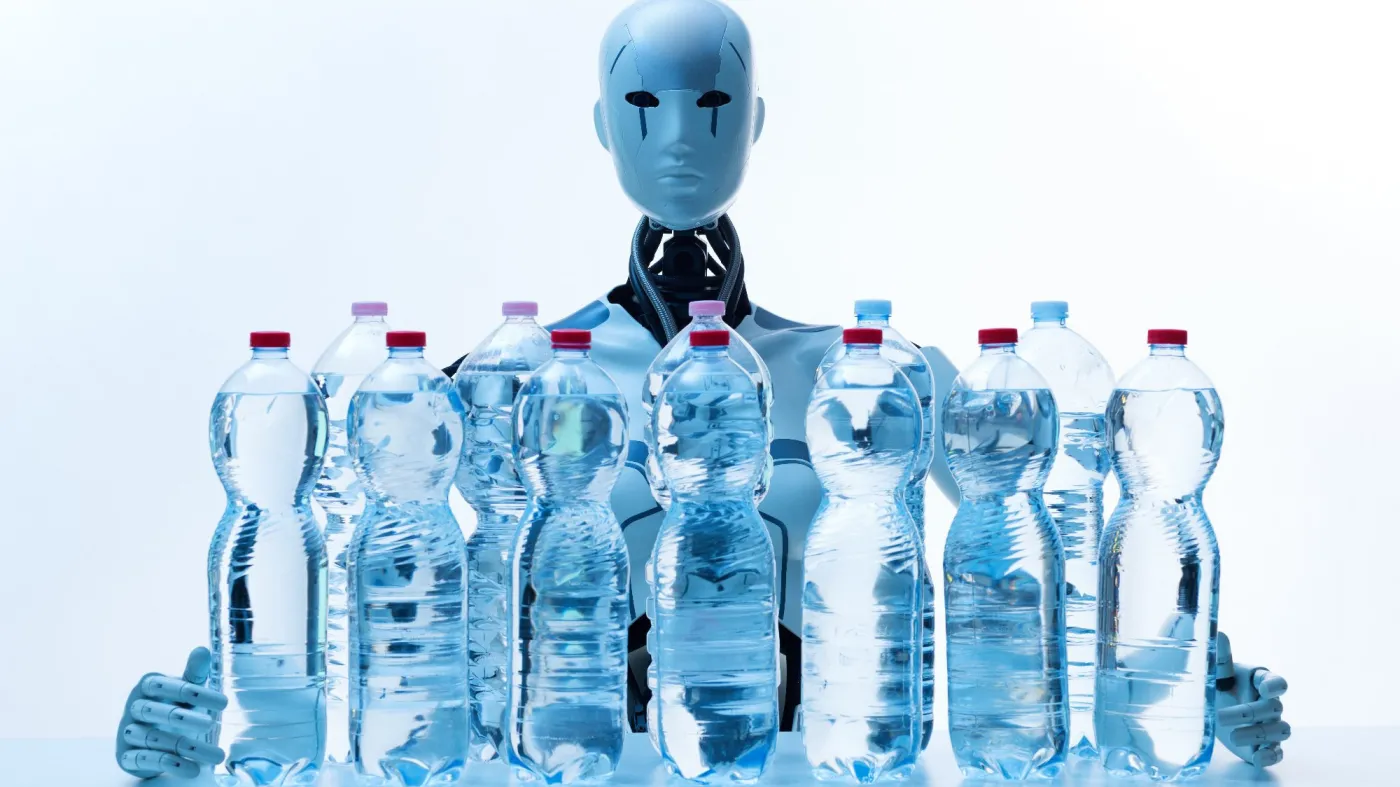Robot AI za stołem obejmuje plastikowe butelki