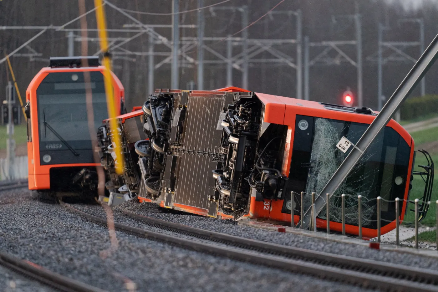 A derailed train in Luescherz, Switzerland