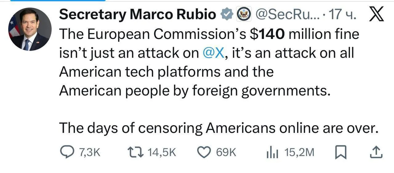 Gniewny wpis Marco Rubio na x.com przeciw cenzurze.