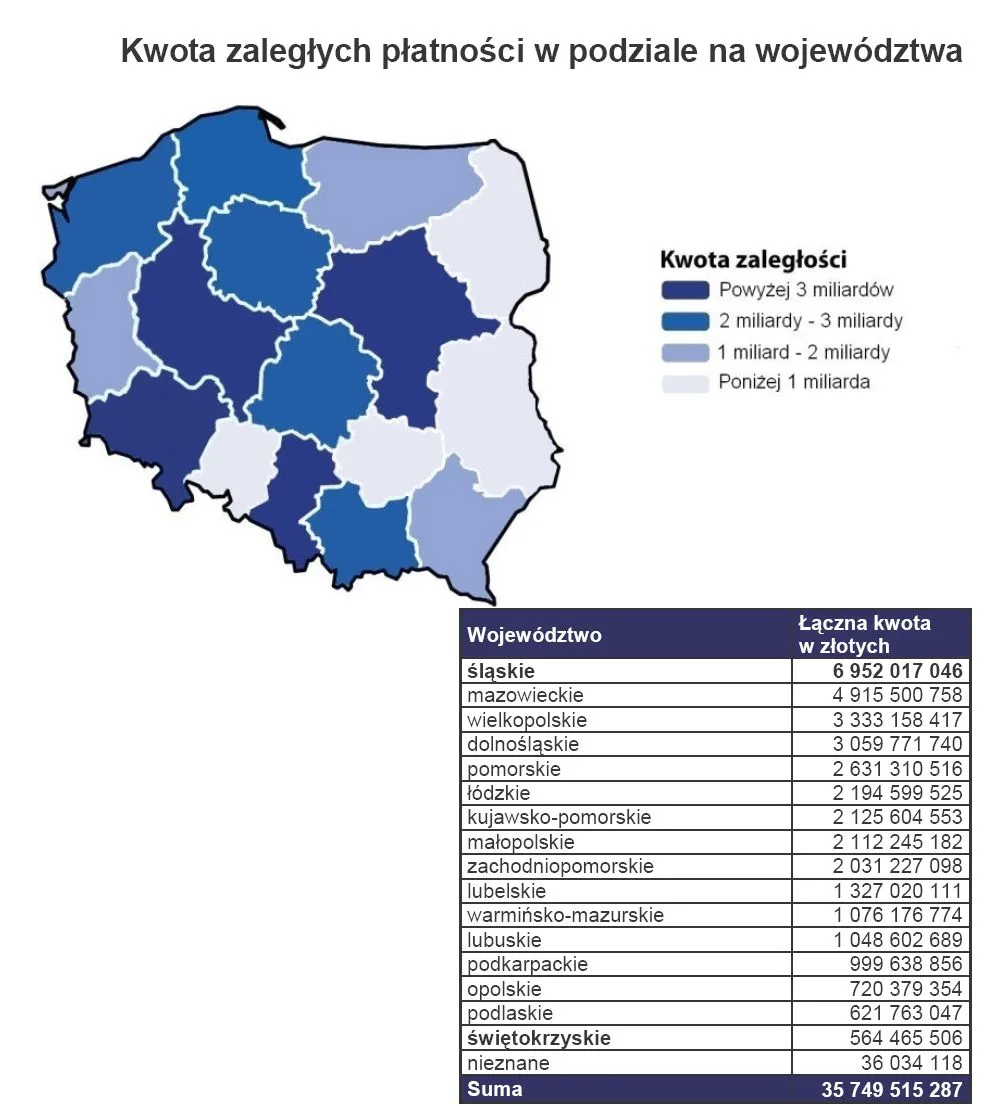 Kwota zaległych płatności w podziale na województwa