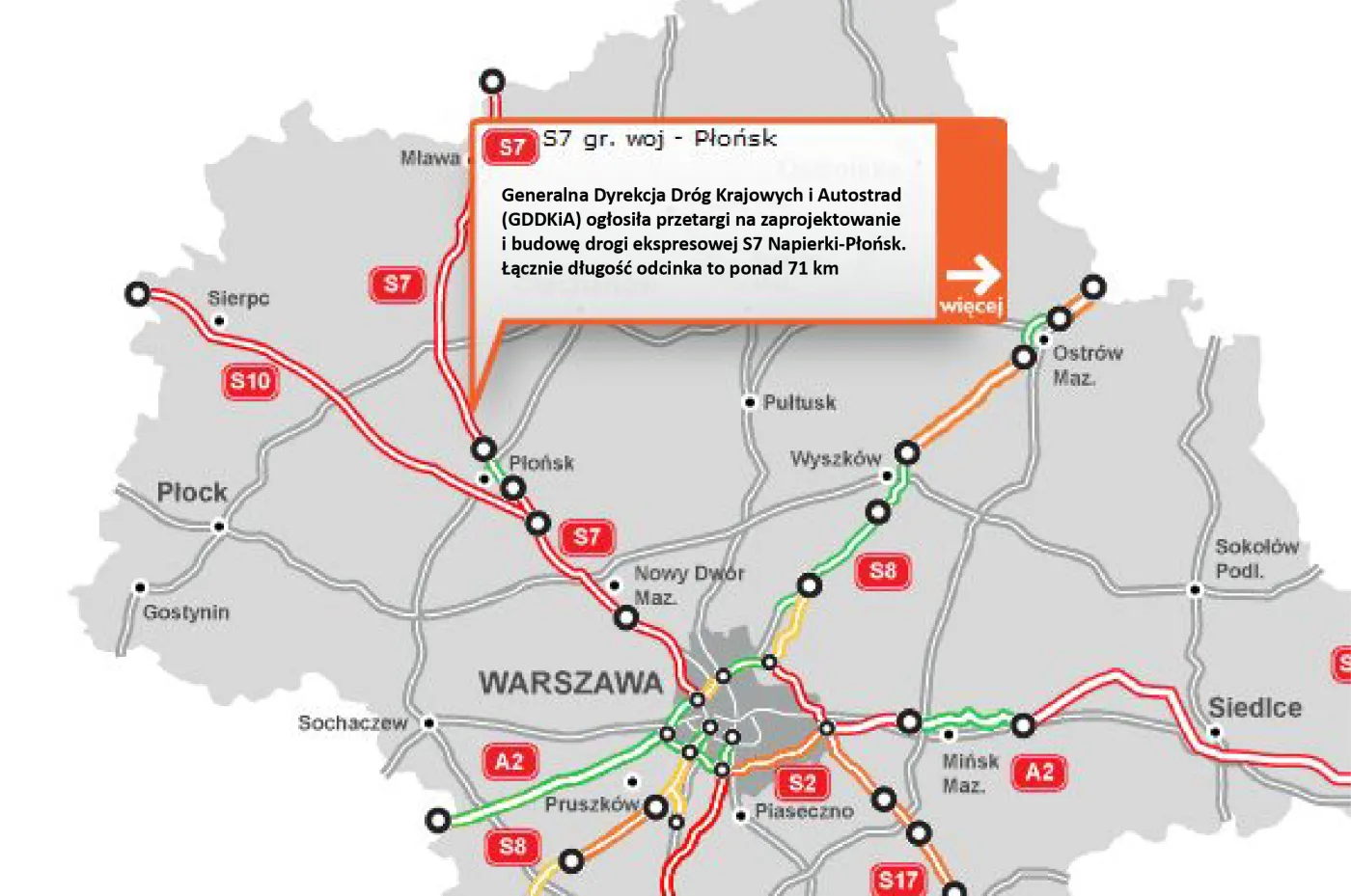 GDDKiA ogłosiła przetarg na 71 km drogi S7 na odcinku Napierki-Płońsk