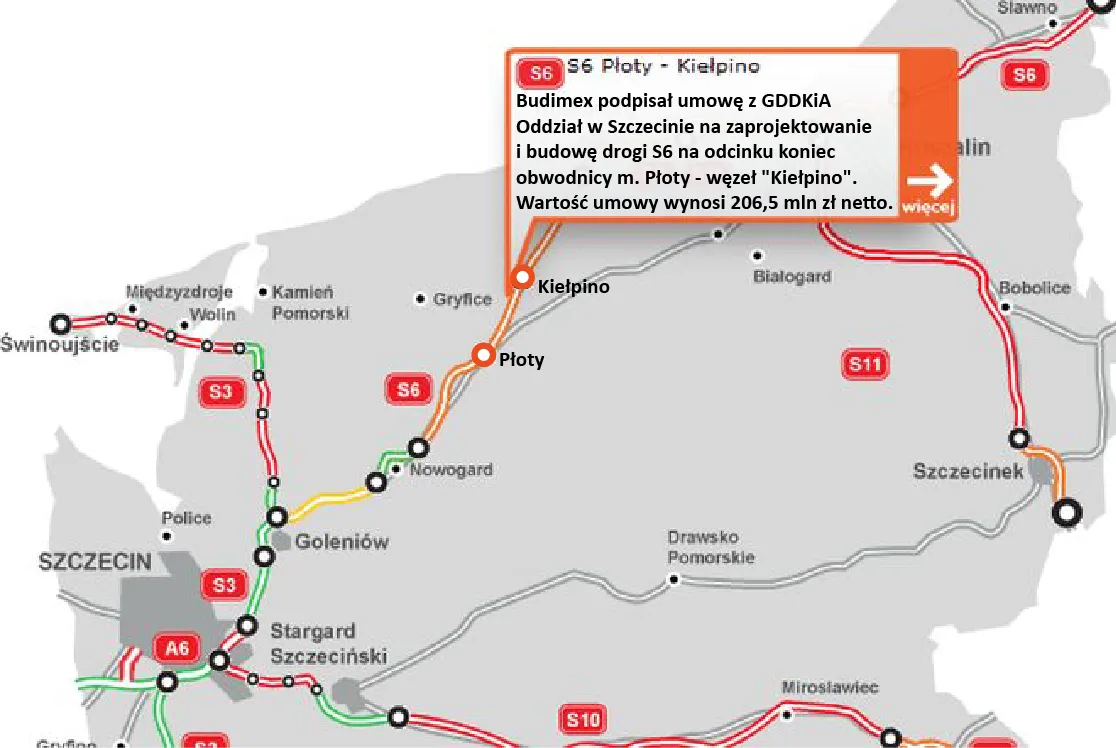 Odcinek S6 Płoty-Kiełpino za 206,5 mln zł. Budimex zgarnął kontrakt [MAPA]