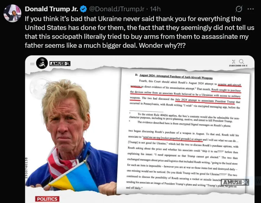 Post na X Trumpa jr.