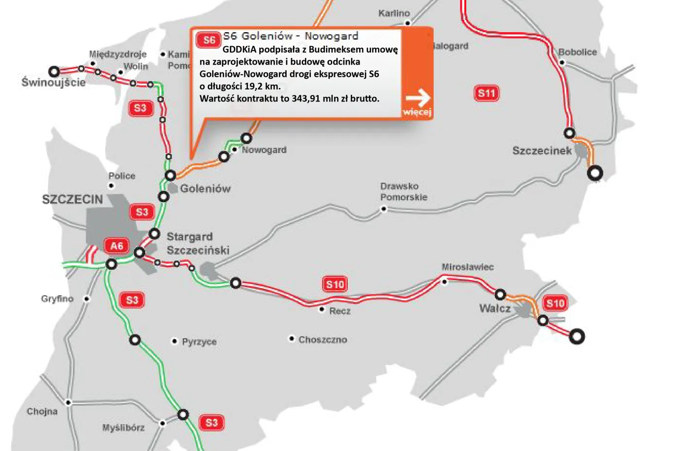 GDDKiA: Budimex ma umowę na odcinek trasy S6 w woj. zachodniopomorskim [MAPA]