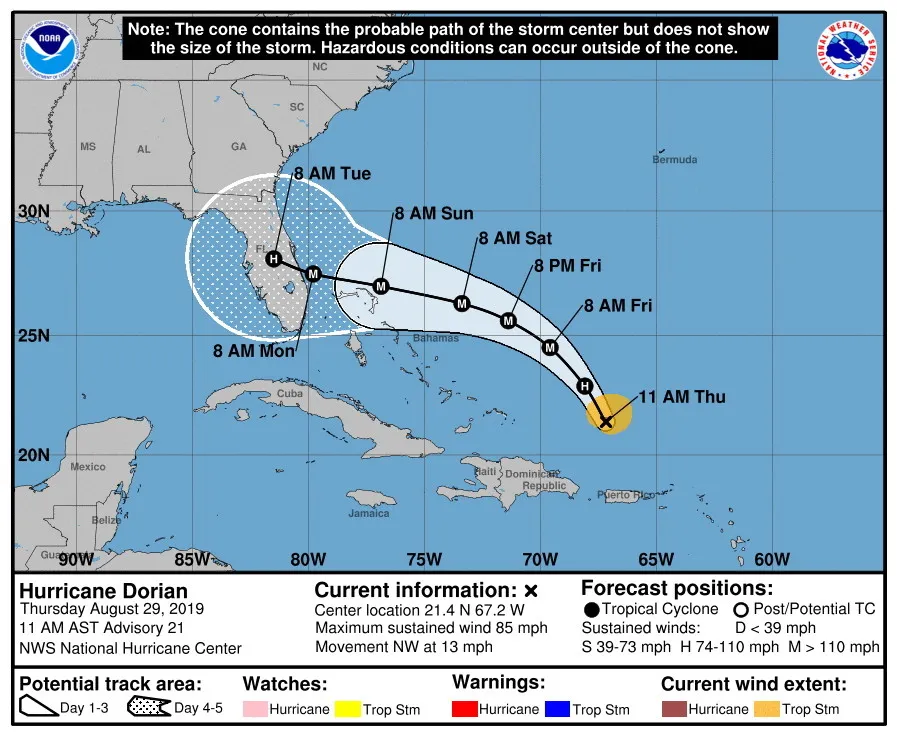 USA: Huragan Dorian może uderzyć z prędkością nawet 210 km/godz. Zbliża się do Florydy