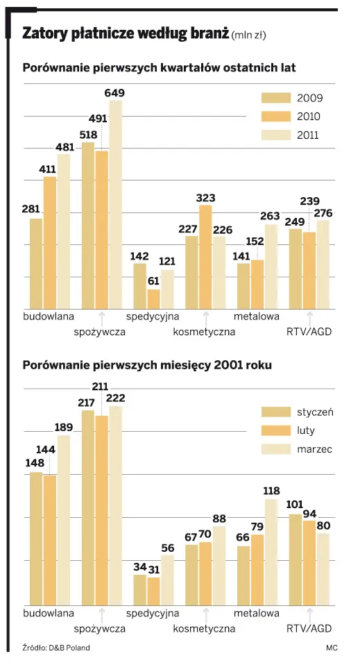 Zatory płatnicze według branż (mln zł)