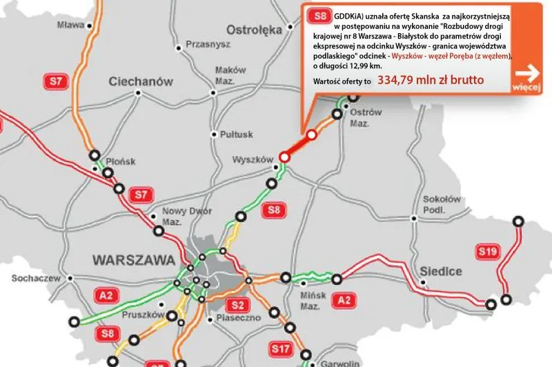 13 km za 335 mln zł. Wiadomo, kto wybuduje kolejny odcinek trasy S8 [MAPA]