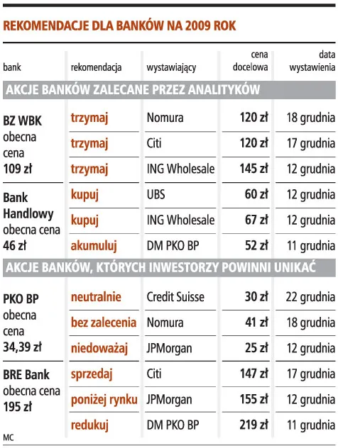 Tylko kilka banków może liczyć na solidny wzrost kursu w 2009 roku